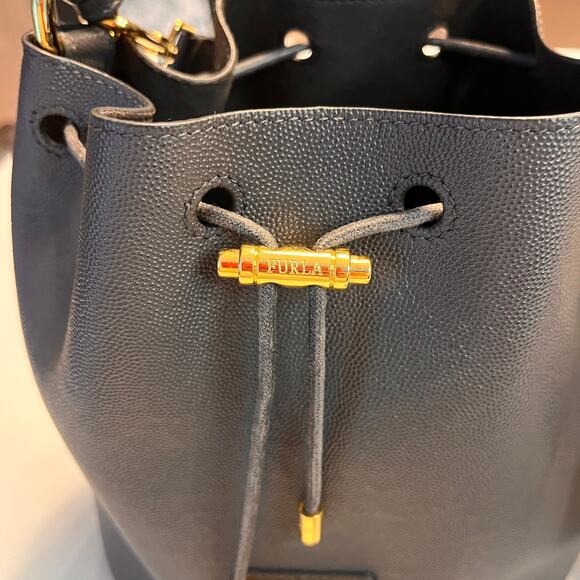 Furla Corona Gray Leather Gold-tone Metal Drawstring Bucket Handbag - Picture 6 of 11